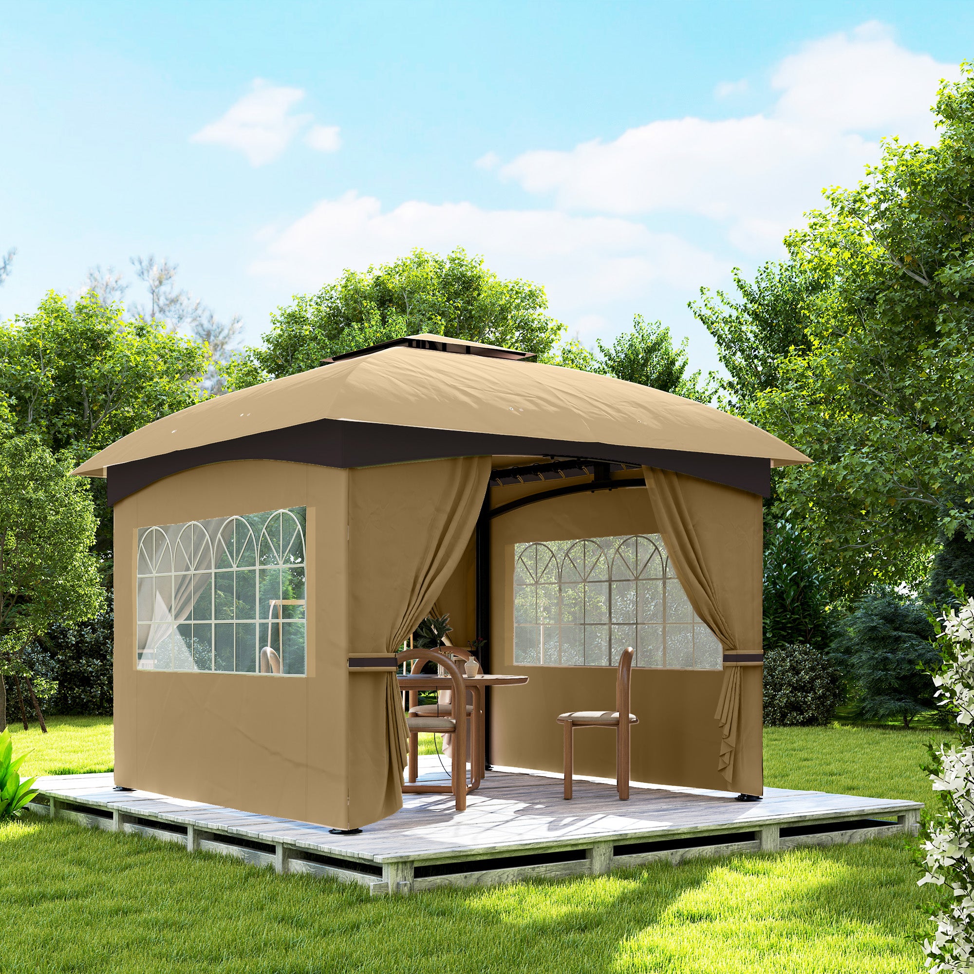 Garden Gazebo 3.4x3.4m with Walls, UV Protection and 2-Tier Roof, Beige