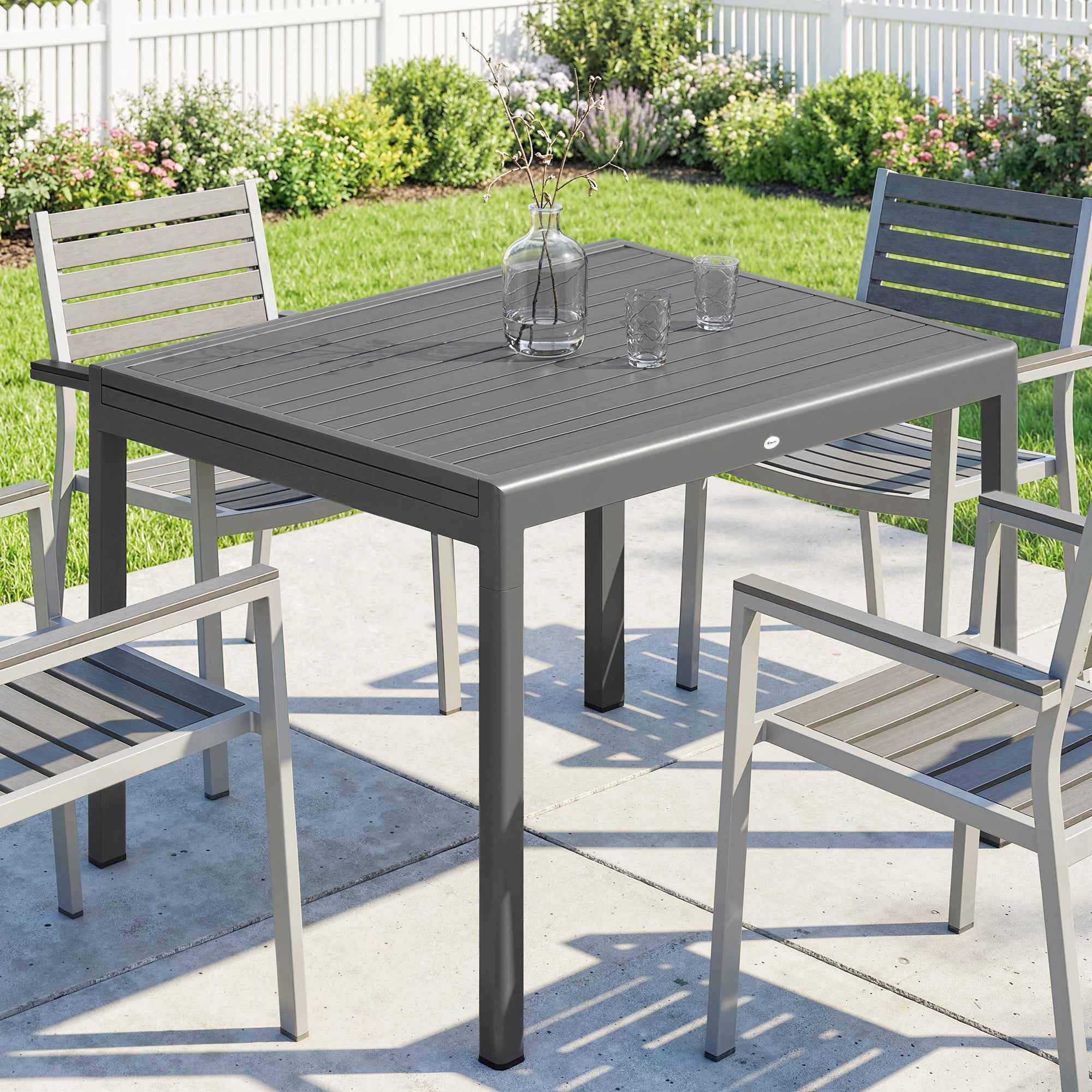 Outsunny Extendable Garden Table for 6-8 People with Slatted Top, Aluminum, 110-170x90x75 cm, Dark Gray