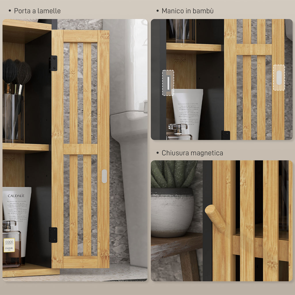 Bathroom Cabinet with Open Shelf and Cabinet, in Bamboo and MDF, 18x18x75 cm, Black and Wood color