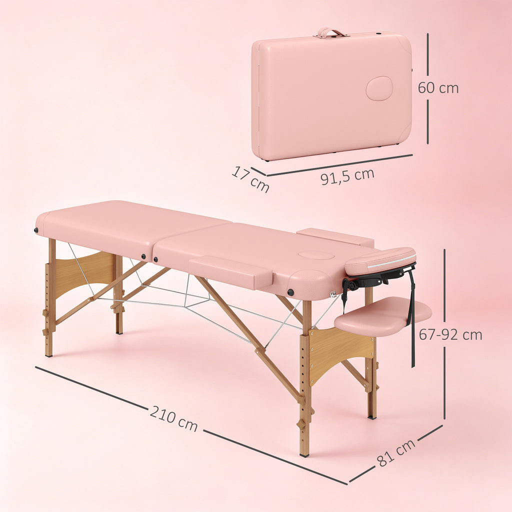 HOMCOM Folding Massage Table with Adjustable Height and Carry Bag, Wooden Frame, Pink