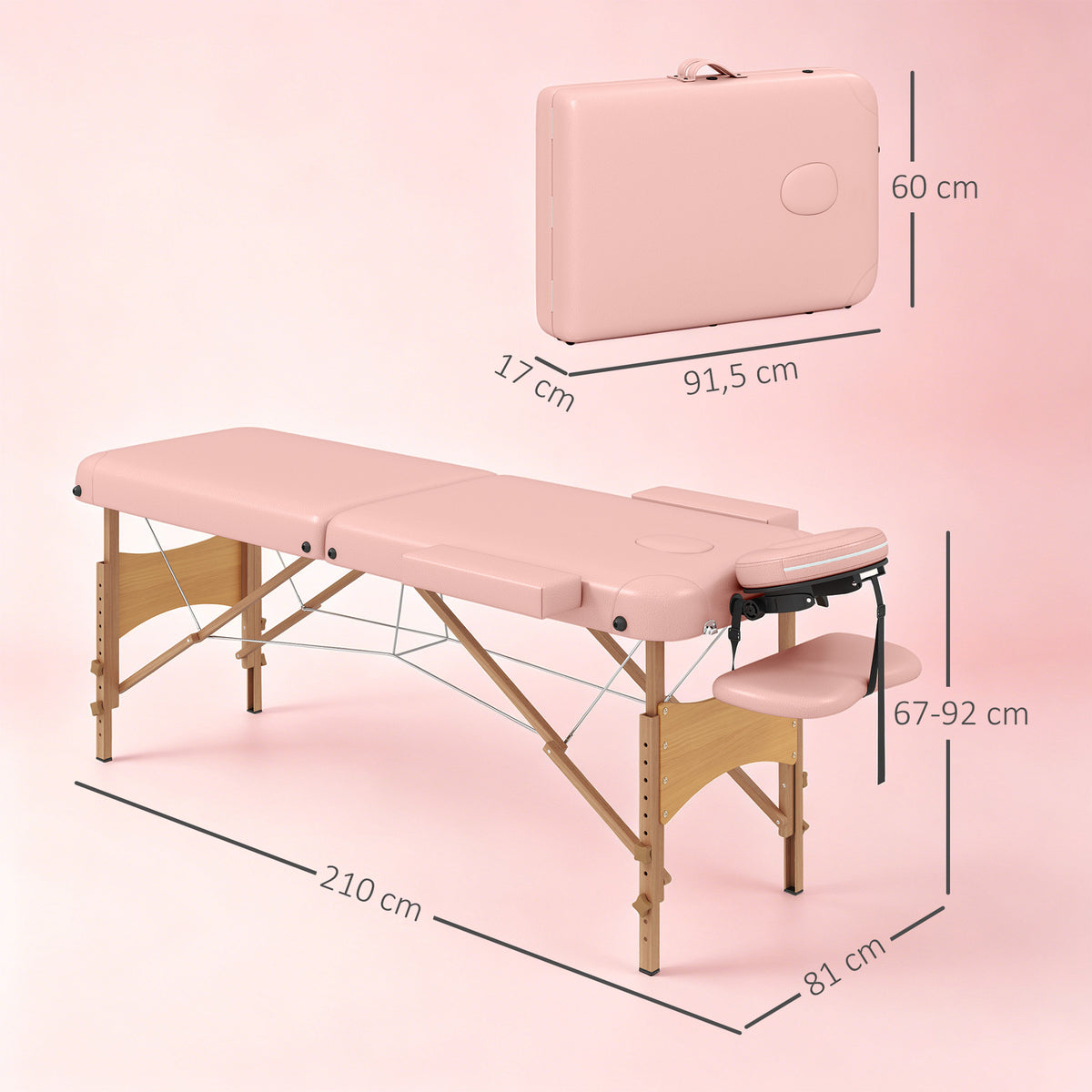 HOMCOM Folding Massage Table with Adjustable Height and Carry Bag, Wooden Frame, Pink