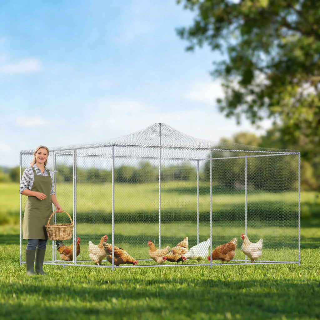 PawHut Outdoor Chicken Coop with Roof and Locks, Galvanized Steel, 4x3x2 m, Silver