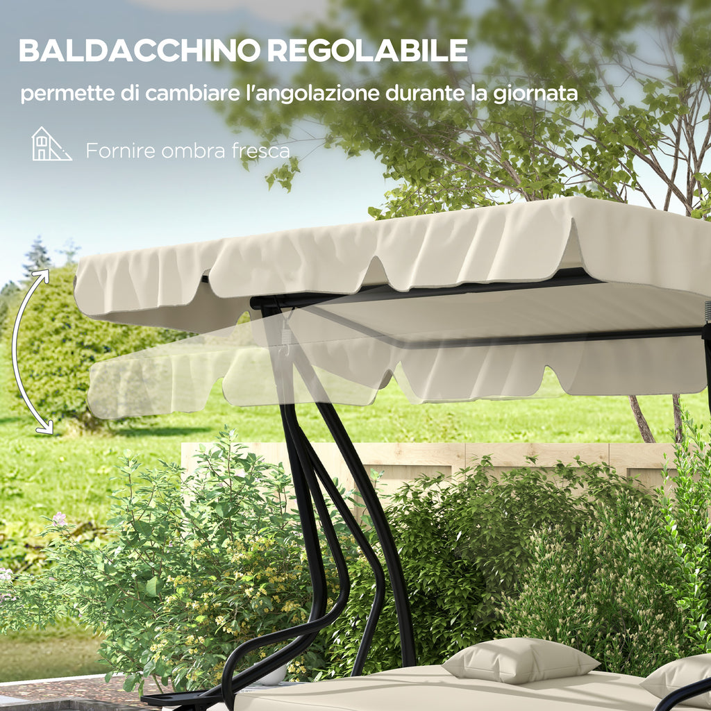 Outsunny Garden Swing Bed with Adjustable Canopy and Trays, Steel and Teslin, 200x120x164 cm, Cream