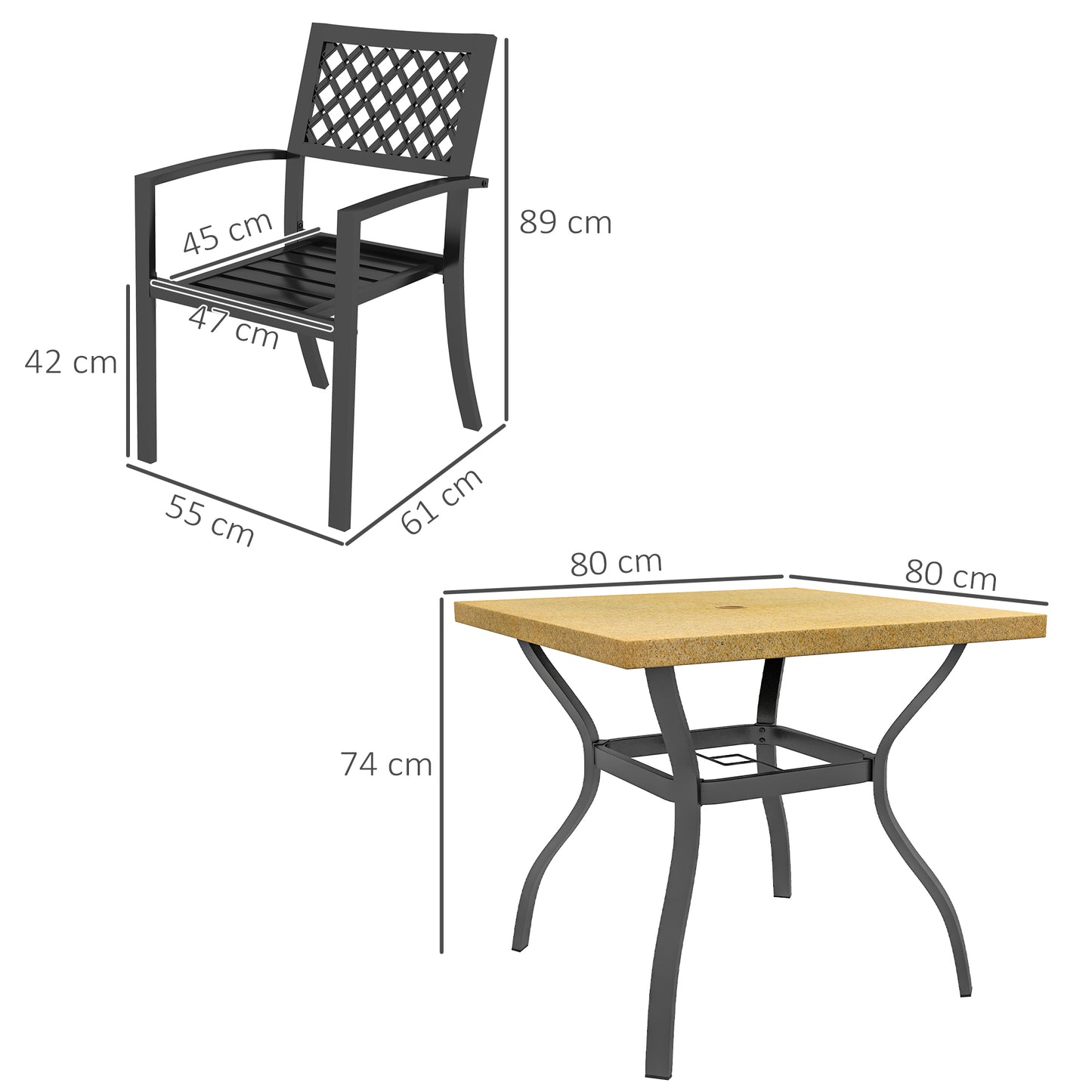 Outsunny Garden Table and 4 Chair Set, Marble Effect Top and Stackable Chairs with Armrests, Brown