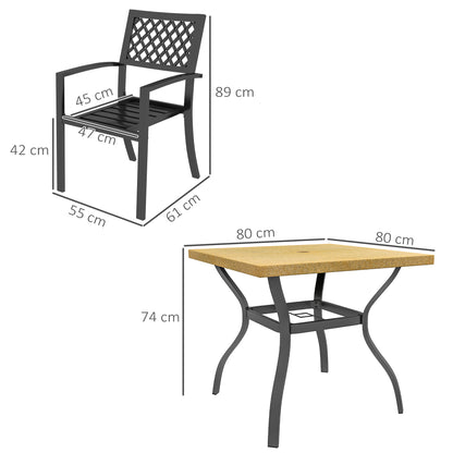 Outsunny Garden Table and 4 Chair Set, Marble Effect Top and Stackable Chairs with Armrests, Brown