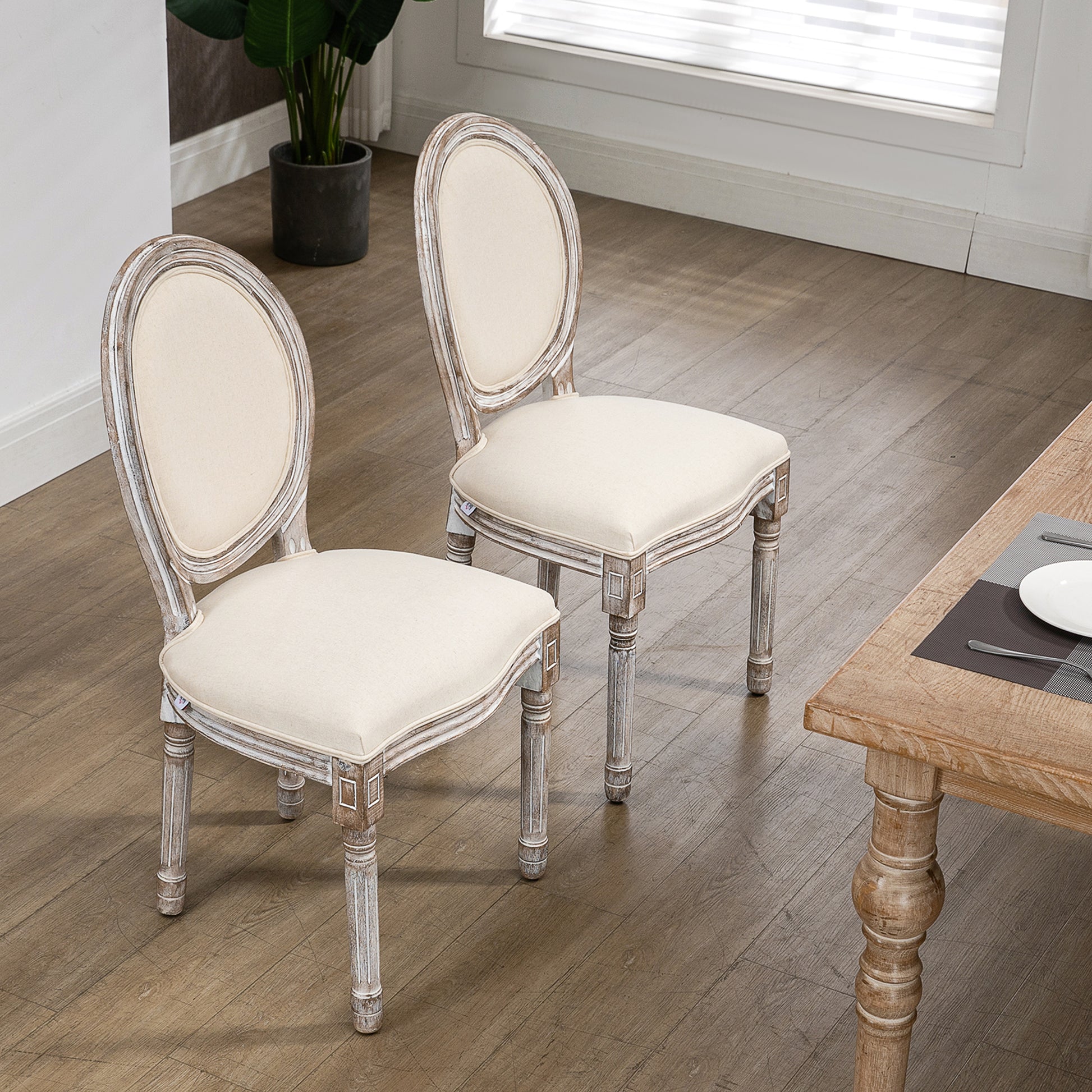 HOMCOM Set of 2 Classic Dining Table Chairs in Wood with Fabric Covering, Cream - Borgè