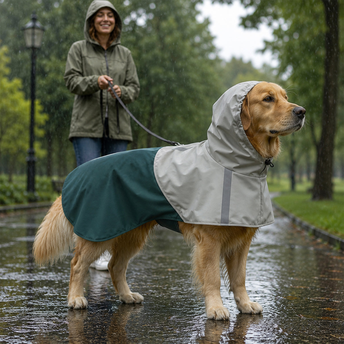 PawHut Dog Raincoat with Hood, Leash Hole, and Reflective Stripes, for Large Dogs, Green