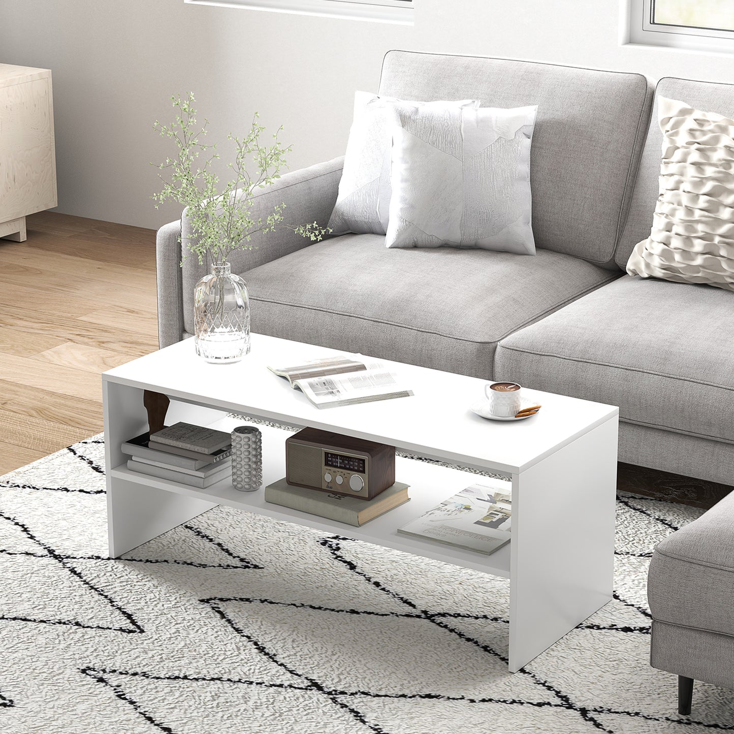 Modern 2-Tier Wooden Coffee Table with Open Shelf, 100x40x41.5cm, White