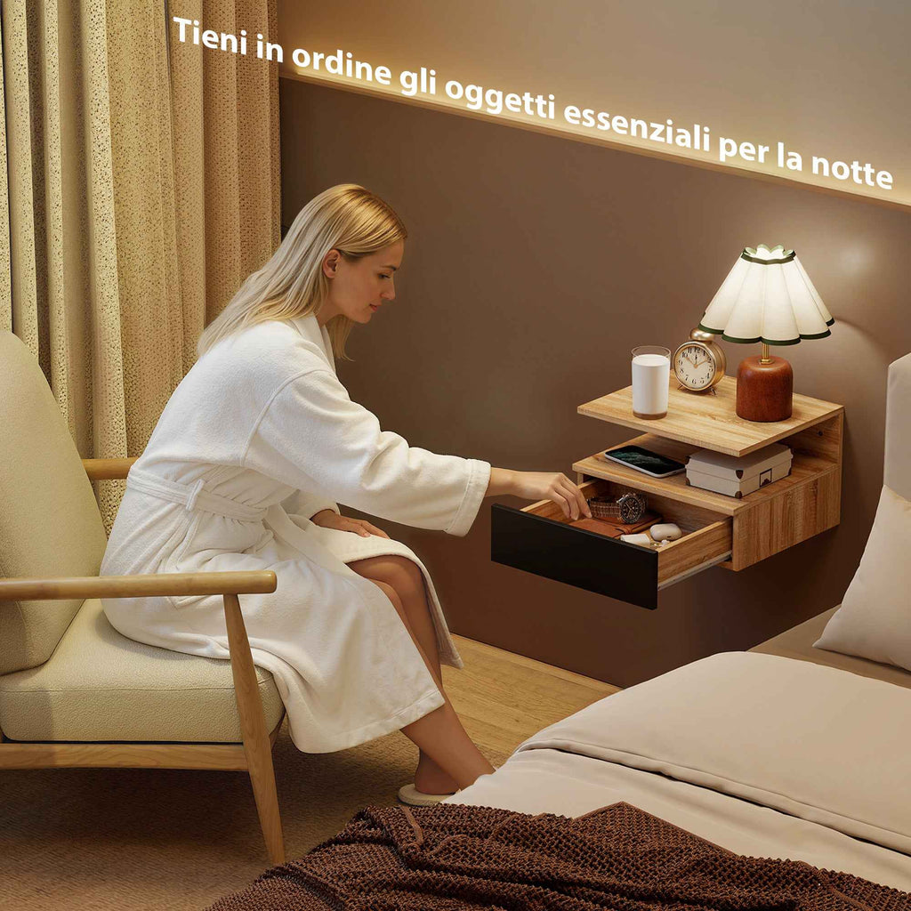 HOMCOM Set of 2 Floating Bedside Tables with Drawer and Open Shelf, 35x32x22.5 cm, Black and Oak