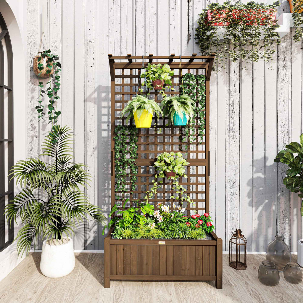 Outsunny Garden Planter with Trellis for Climbing Plants in Fir Wood, 90x45x183 cm, Brown