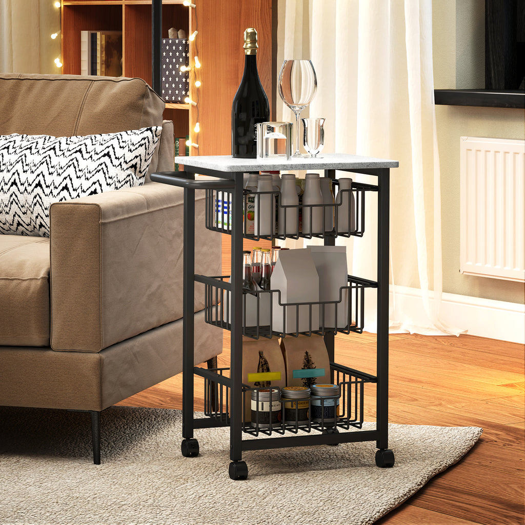 3-Basket Kitchen Trolley with Handle, Steel and Wood, 49.5x31x69 cm, Black and Light Grey