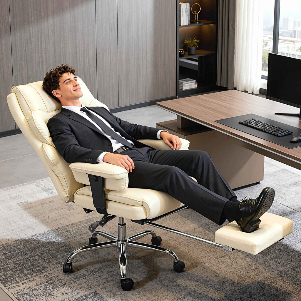 HOMCOM Office Chair with Footrest and Headrest, PU Leather, Foam and Metal, 76x73x117-125 cm, Cream White