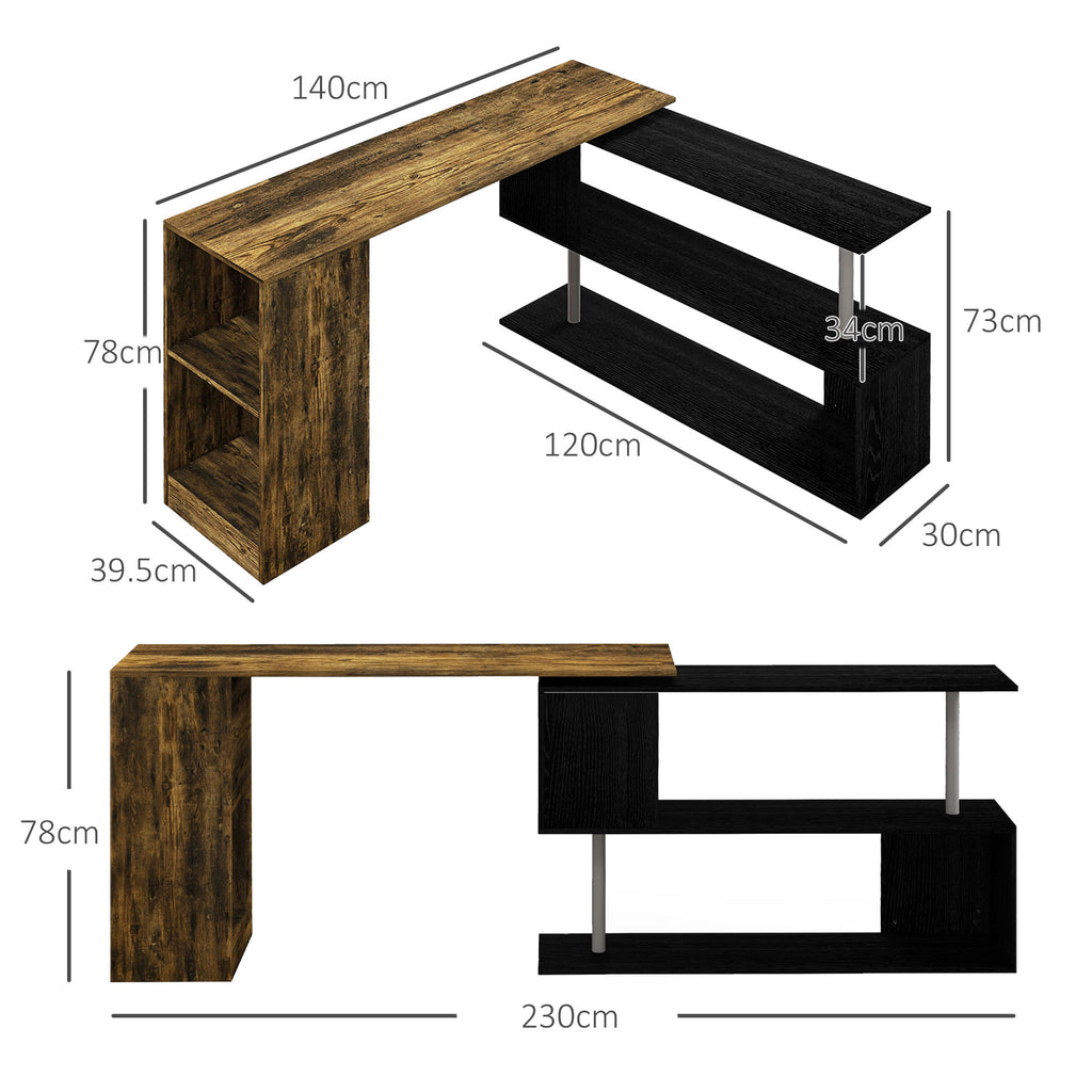 Space-Saving Corner Desk with S-Shaped Shelf, Wooden, 140x120x78 cm, Brown and Black