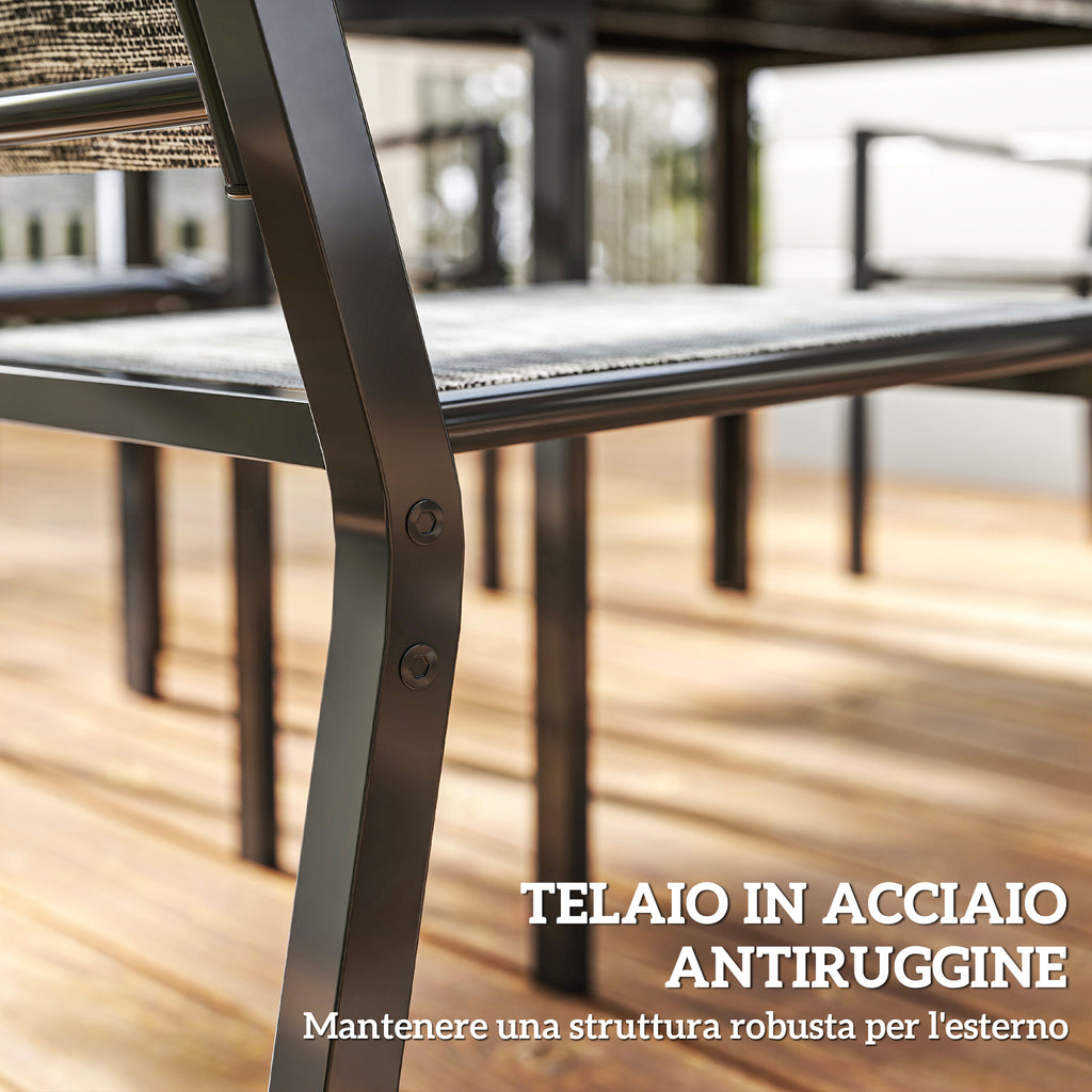 7 Piece Steel Garden Set with Rectangular Table and 6 Breathable Stackable Chairs, Grey and Black