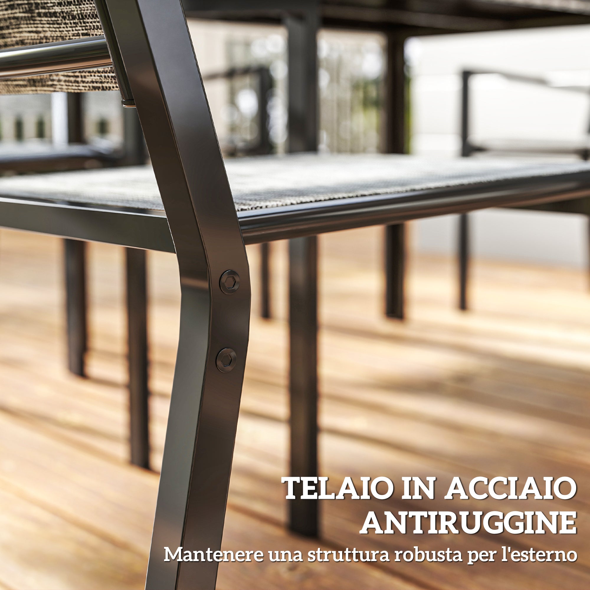 7 Piece Steel Garden Set with Rectangular Table and 6 Breathable Stackable Chairs, Grey and Black