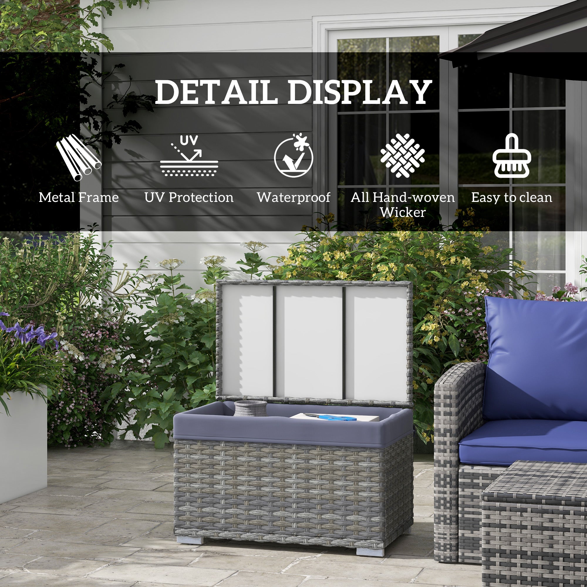 Outsunny garden trunk in Rattan pe with internal coating in waterproof fabric, 76x45x48 cm, gray - Borgè