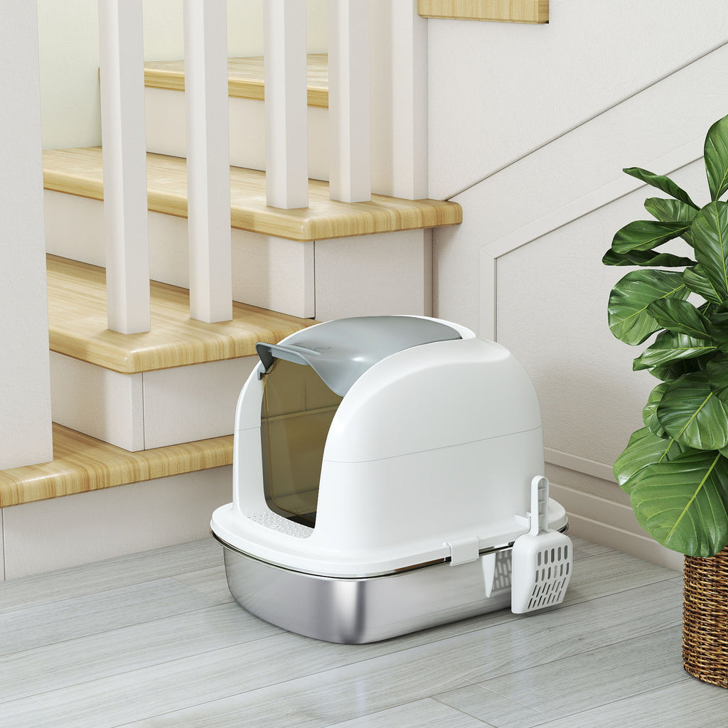 PawHut XL Stainless Steel Enclosed Cat Litter Box with Lift-Off Lid, Scoop, Deodorant Pack, White