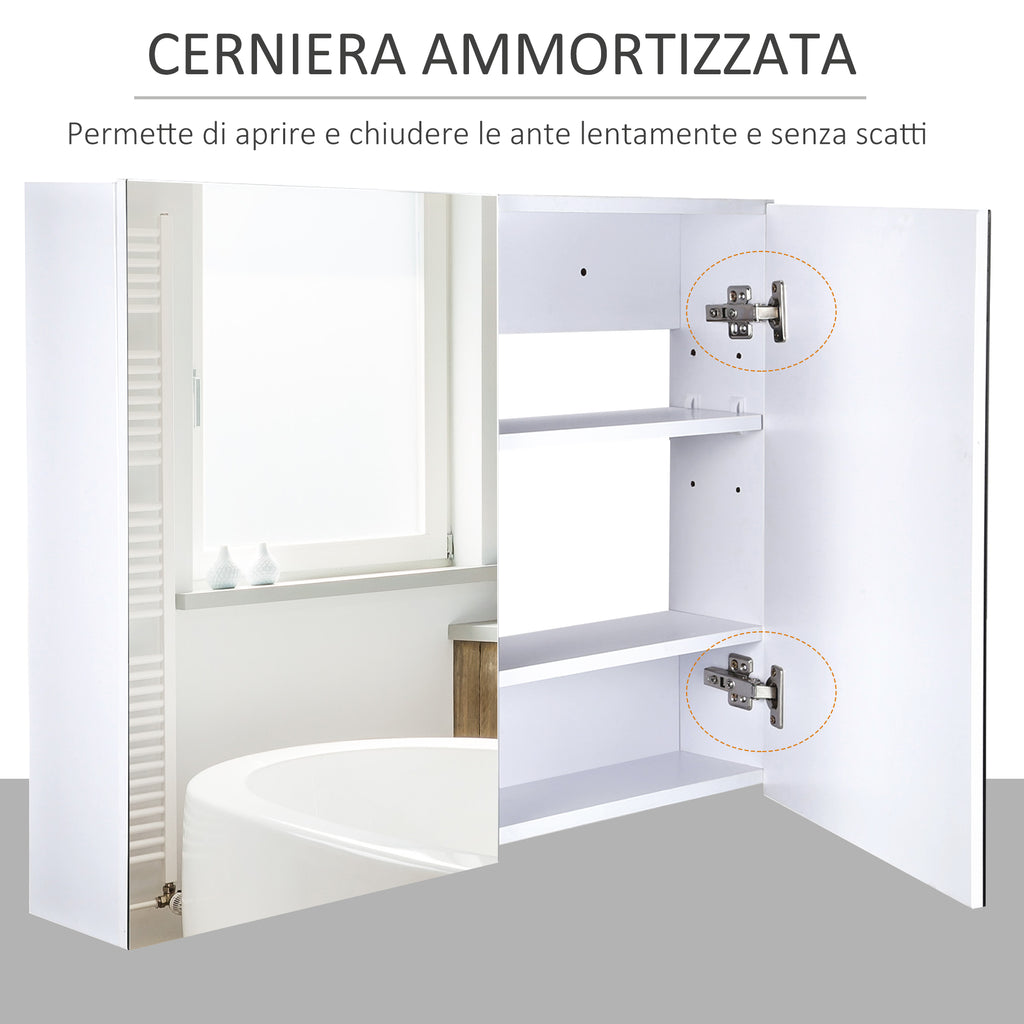 Bathroom Wall Cabinet with Mirror and 3 Shelves in White MDF 80 x 60 x 15cm