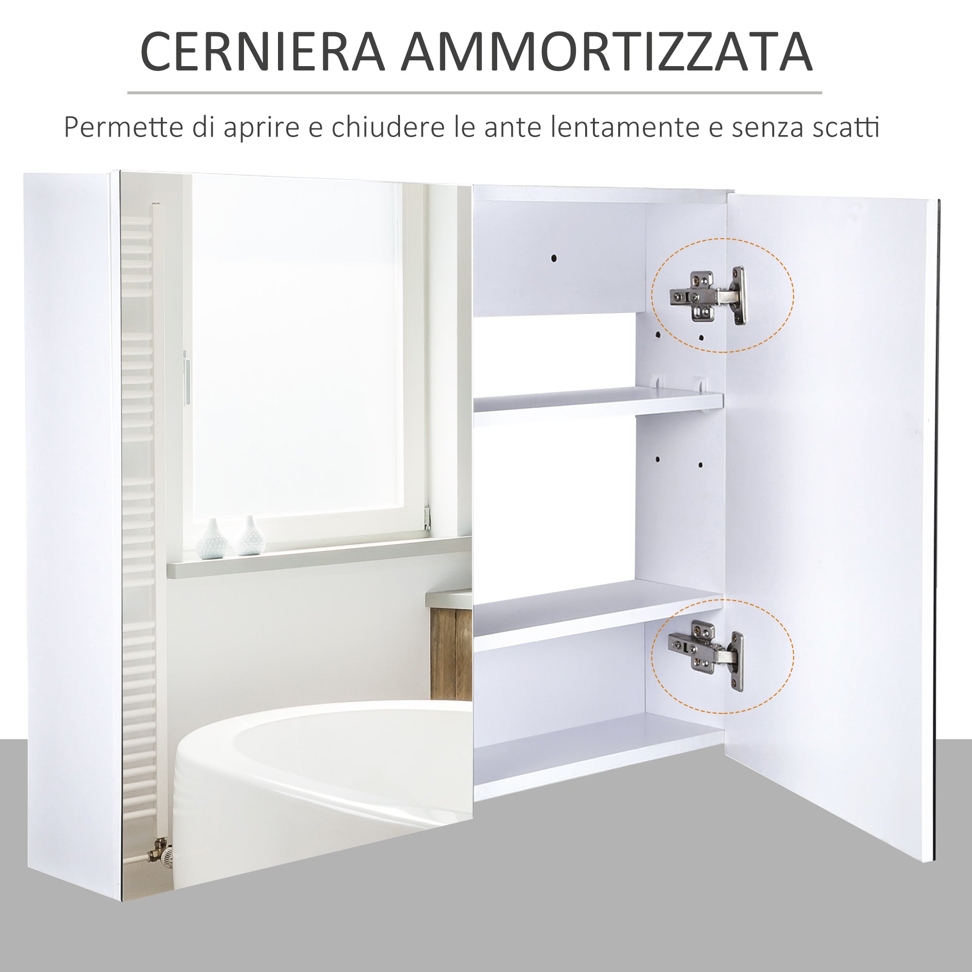 Bathroom Wall Cabinet with Mirror and 3 Shelves in White MDF 80 x 60 x 15cm