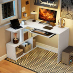 Modern Corner Desk with Sliding Keyboard Tray and 4-Tier Bookshelf, White