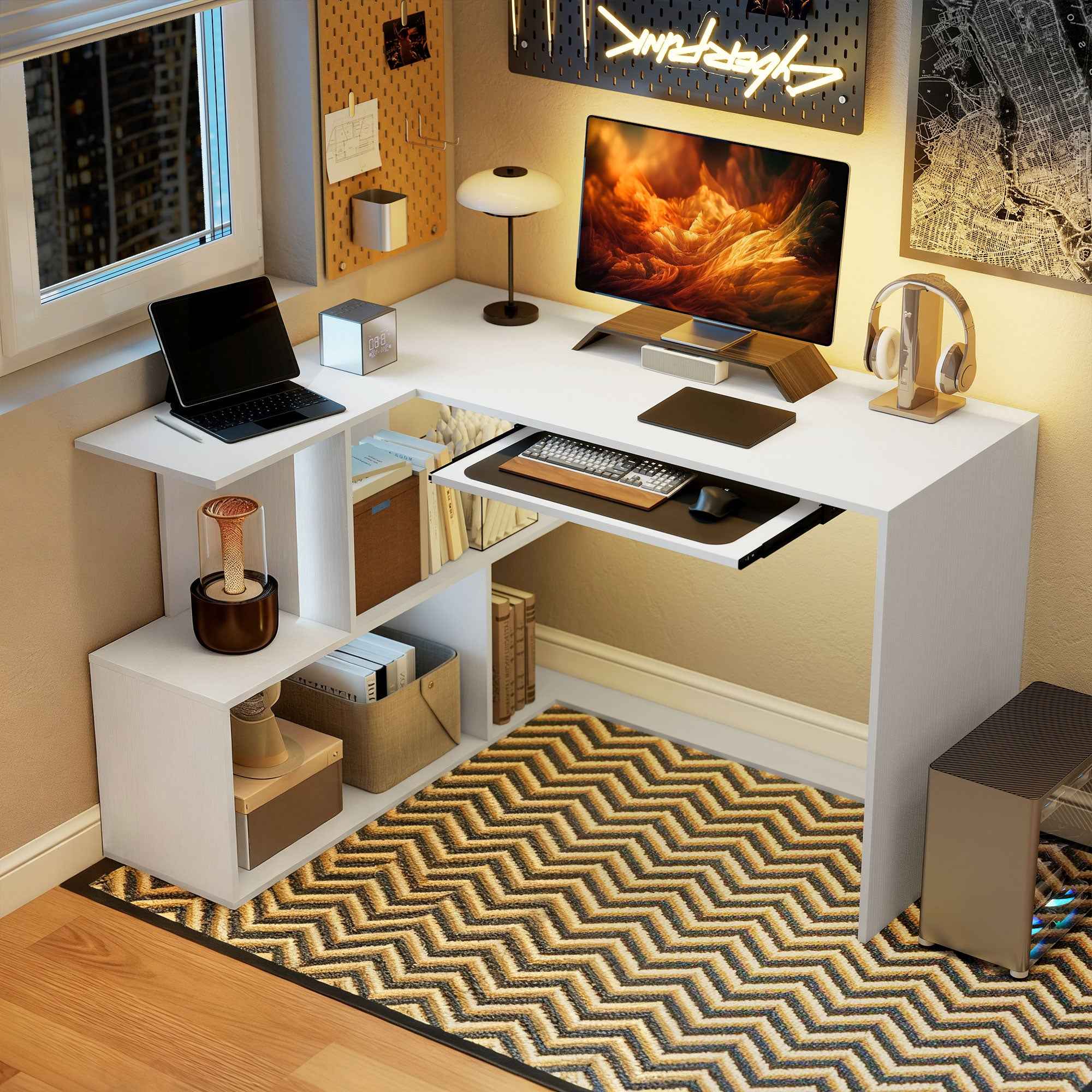 Modern Corner Desk with Sliding Keyboard Tray and 4-Tier Bookshelf, White