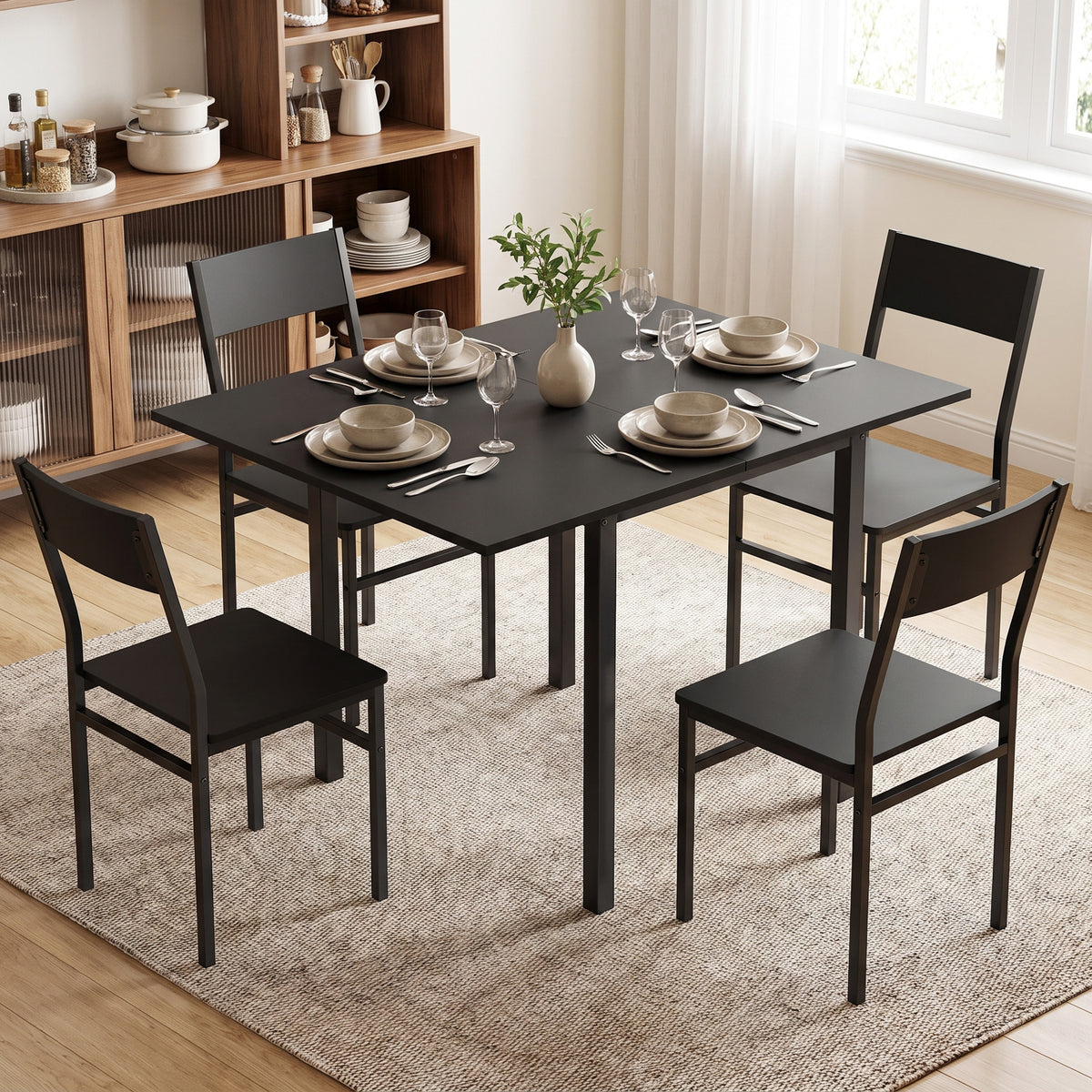 HOMCOM Extendable Dining Table and 4 Stackable Chairs, Black