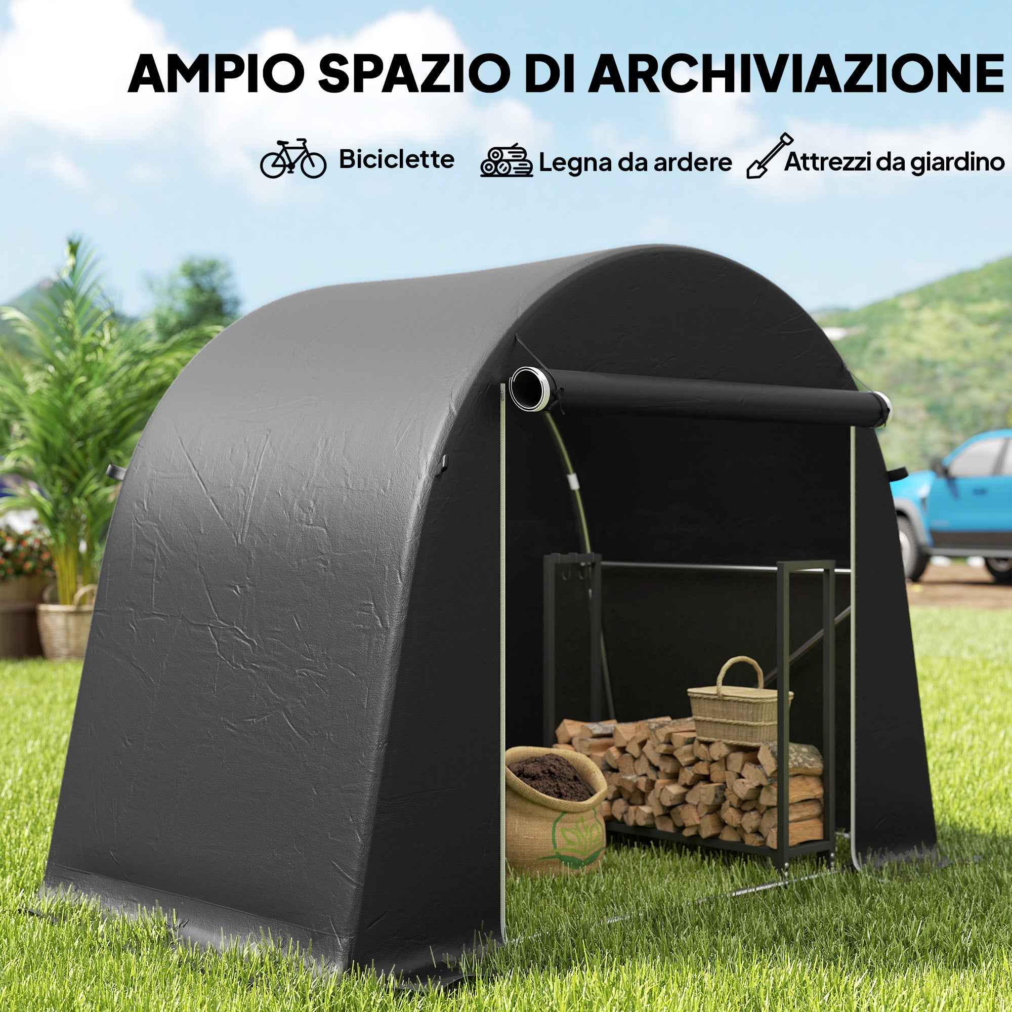 Outsunny Bike and Tool Storage Tent with Zippered Entrance, PE and Metal, 245x120x200 cm, Dark Grey