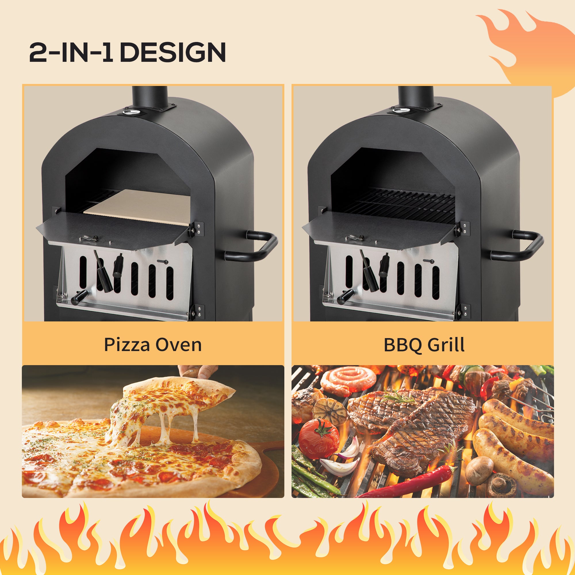 Outdoor Oven for pizza and portable charcoal barbecue in steel with fireplace and wheels, 63x54x161 cm, black - Borgè