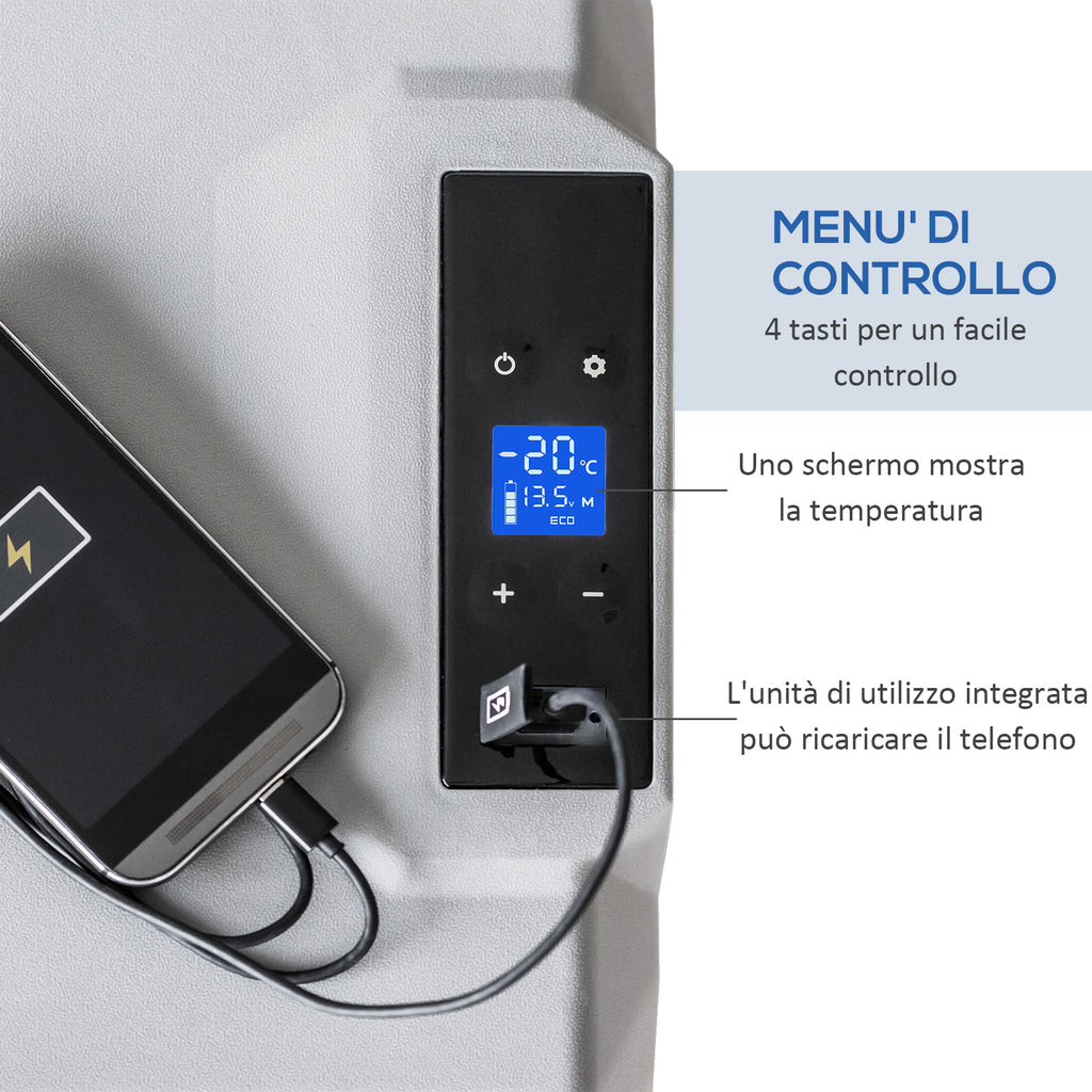 50L Car Fridge with Touch Panel, Handle and 2 Wheels, in Aluminum and Plastic, 58.6x37.8x54.5 cm, Gray