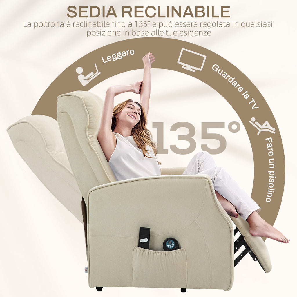 Lift Relax Chair with 8 Massage Points, 135° Reclining and 2 Remote Controls, Cream