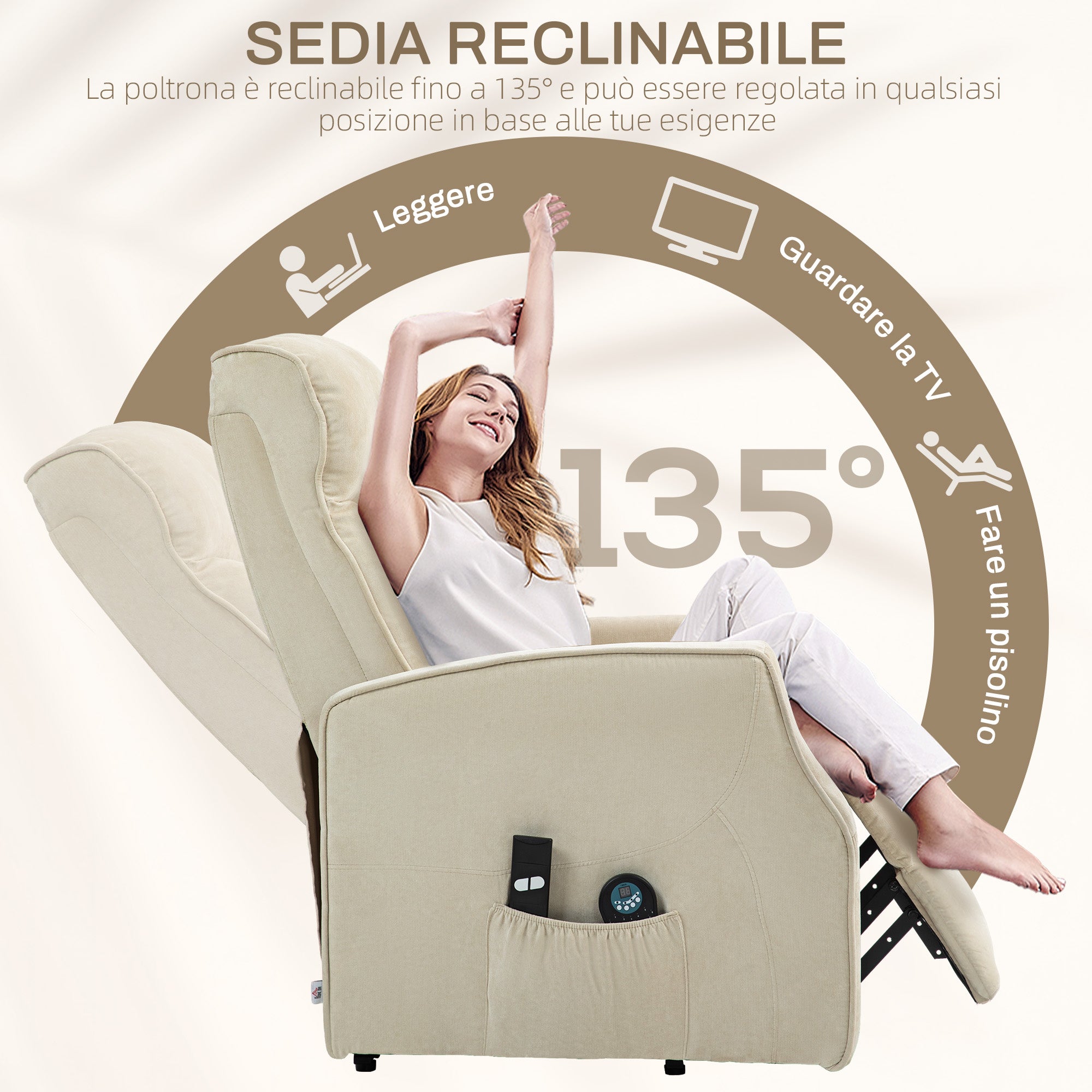 Lift Relax Chair with 8 Massage Points, 135° Reclining and 2 Remote Controls, Cream