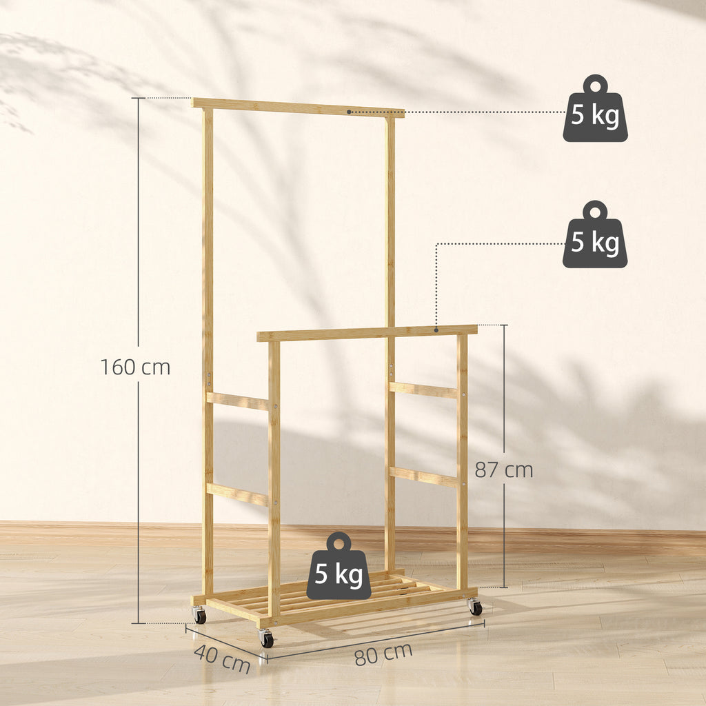 Bamboo Clothes Rail with 2 Rails, Lower Shelf and 4 Wheels, 80x40x160 cm, Natural Wood
