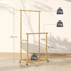 Bamboo Clothes Rail with 2 Rails, Lower Shelf and 4 Wheels, 80x40x160 cm, Natural Wood