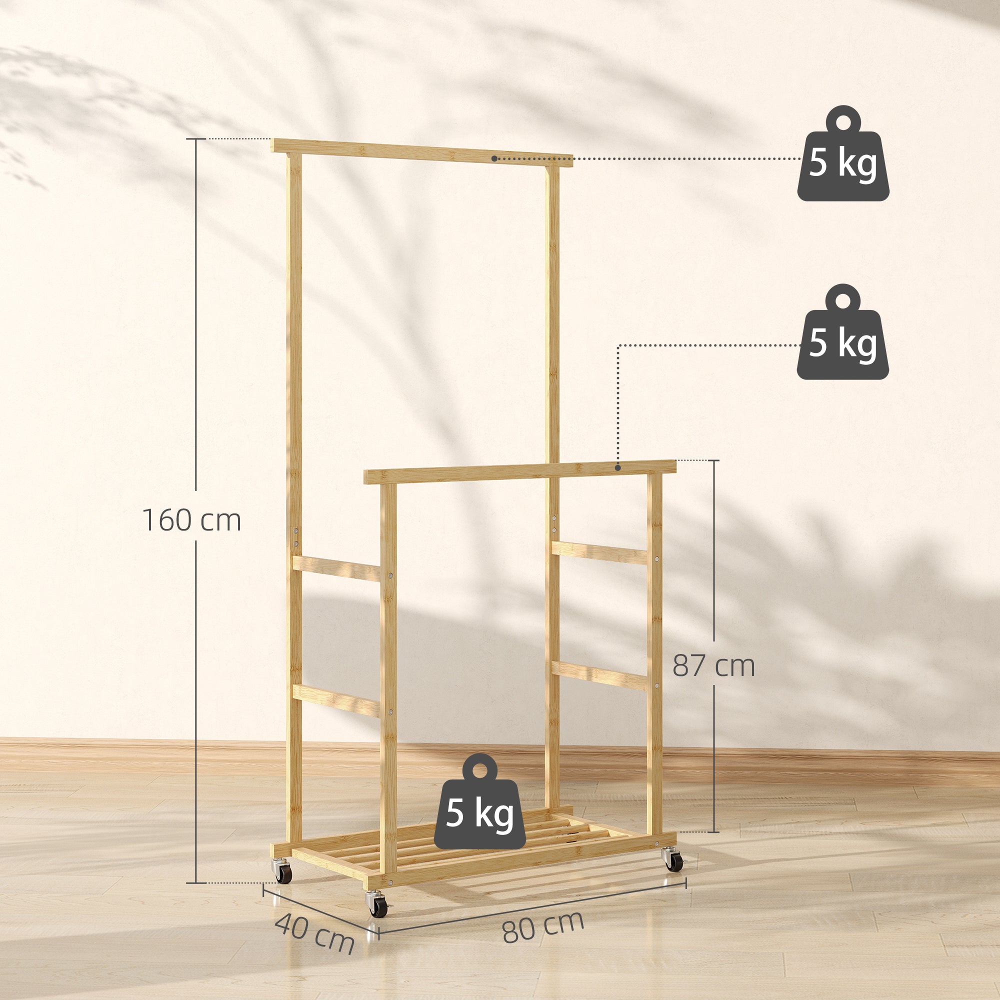 Bamboo Clothes Rail with 2 Rails, Lower Shelf and 4 Wheels, 80x40x160 cm, Natural Wood