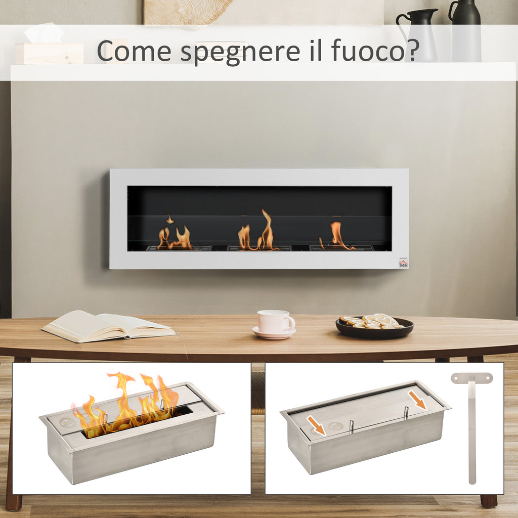 Wall-Mounted Bioethanol Fireplace with 3 x 1L Tanks and 20m² Coverage, Steel and Glass, 120x15x40 cm, White