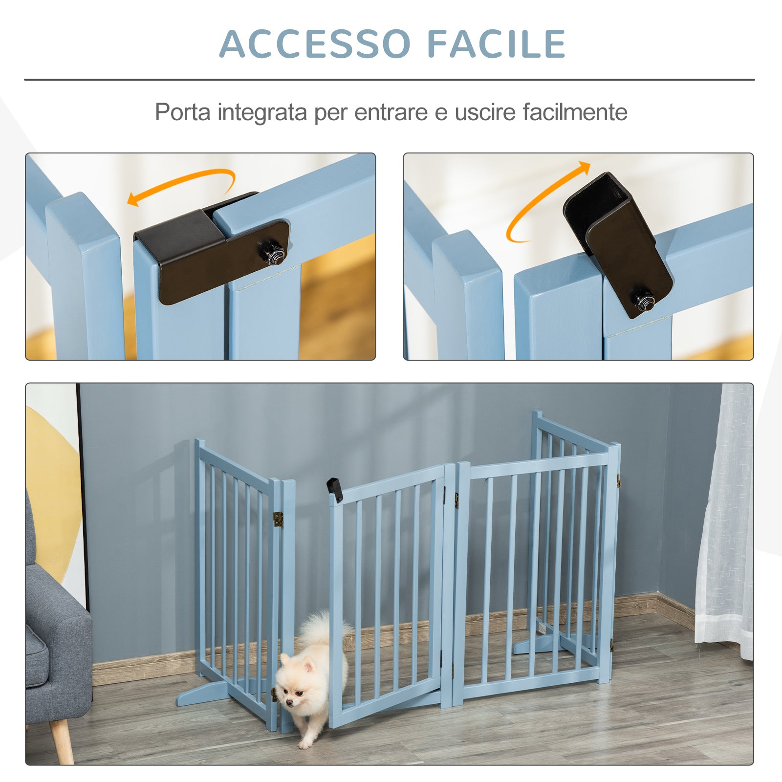 Folding Dog Gate for Small/Medium Dogs with 4 Wooden Panels and Door, 237.5 x 36 x 80 cm, Grey