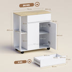 Kitchen Trolley with Drawer, Cabinet and 2 Side Shelves, Wooden, 78x39.5x88.5 cm, White and Oak