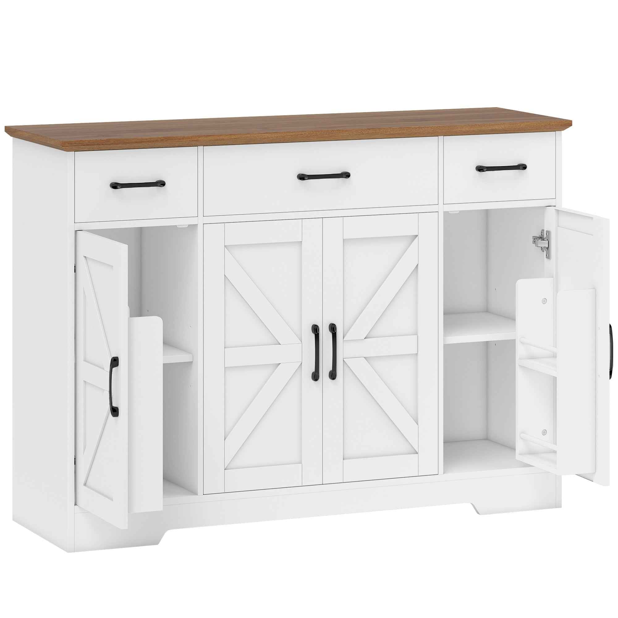 HOMCOM Rustic Kitchen Sideboard, Kitchen Cabinet with Soft-Close Doors, 3 Drawers, 3 Adjustable Shelves, Spice Rack, White