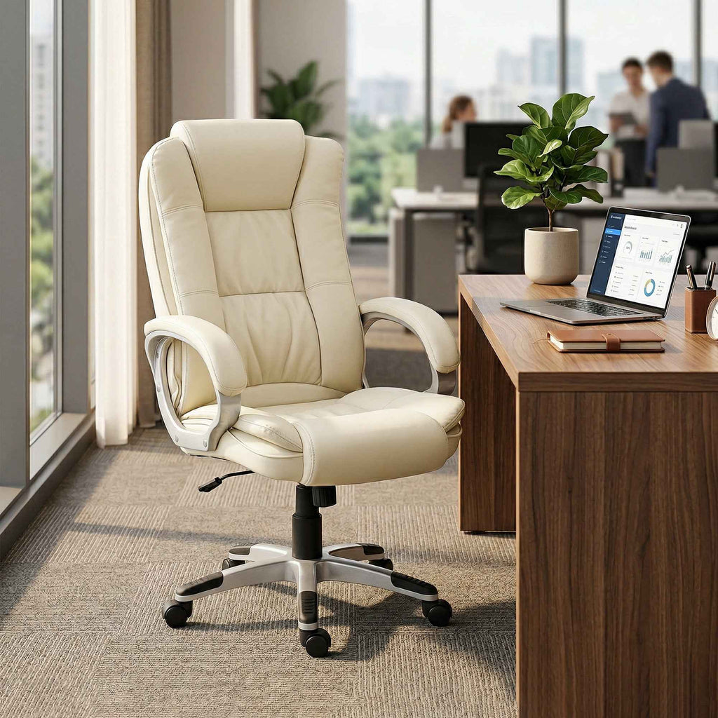 HOMCOM PU Leather Swivel Office Chair with Rocking, High Backrest and Adjustable Height, Beige