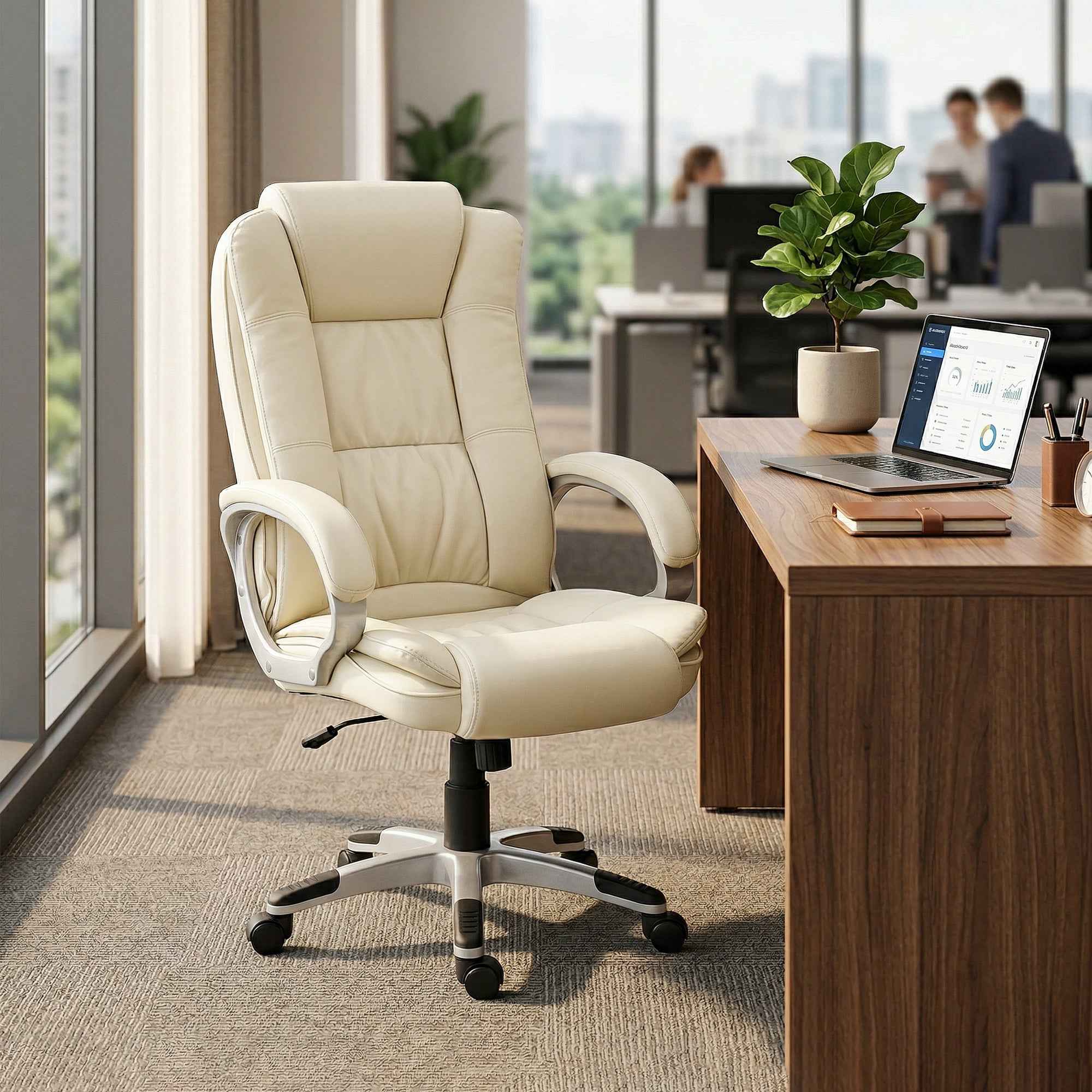 HOMCOM PU Leather Swivel Office Chair with Rocking, High Backrest and Adjustable Height, Beige