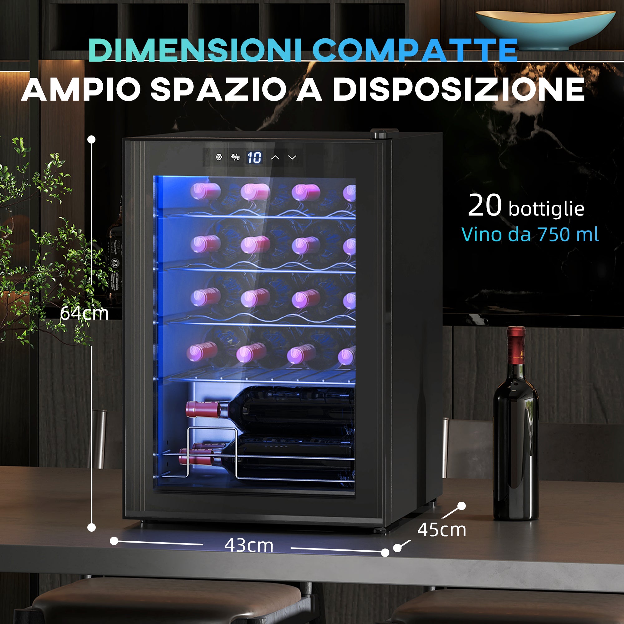 20 Bottle Wine Cooler, 53L Capacity, Anti-UV Glass Door and Adjustable Shelves, Black