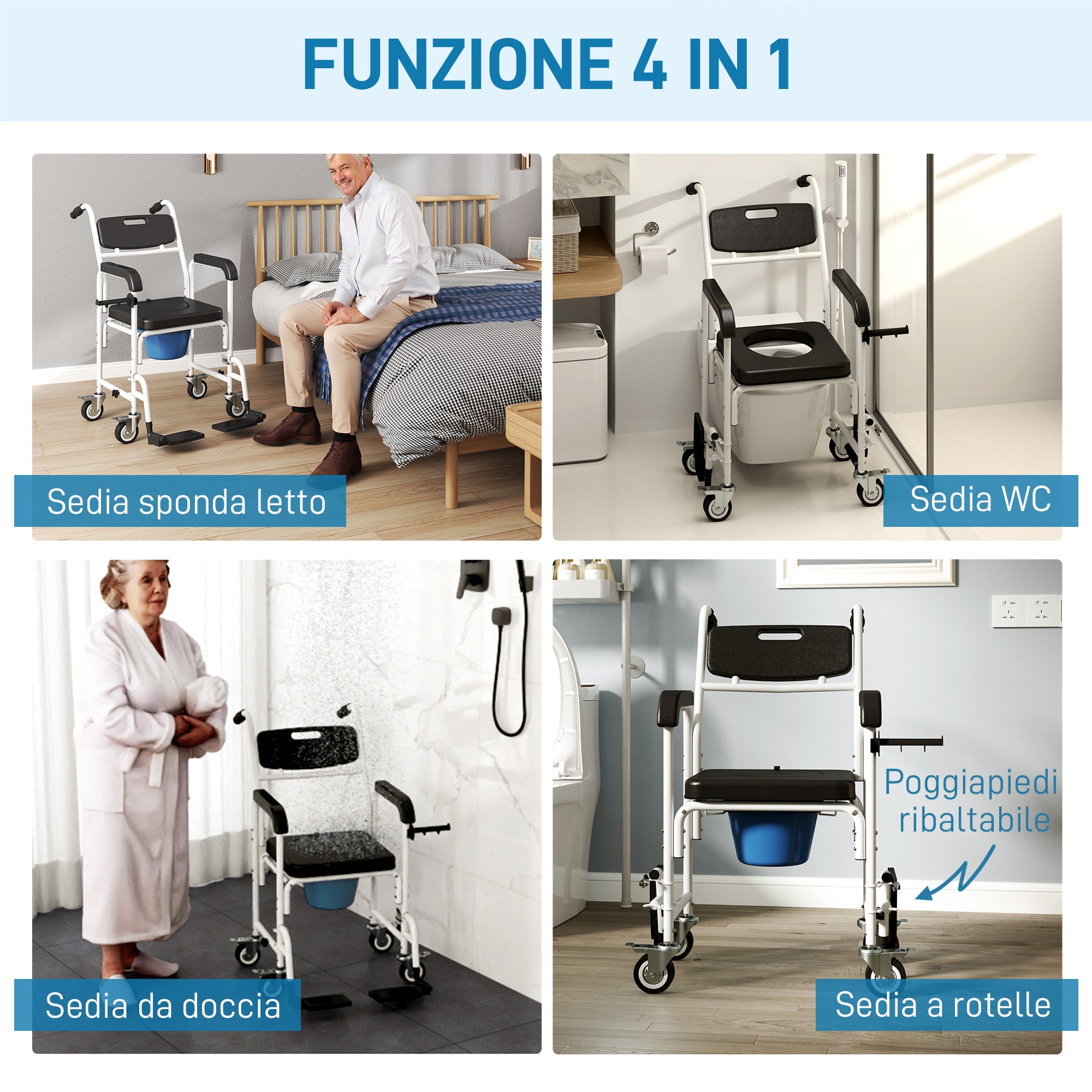 Wheelchair with Waterproof Toilet 4 in 1 with Folding Footrest, in Aluminum and Plastic, Black