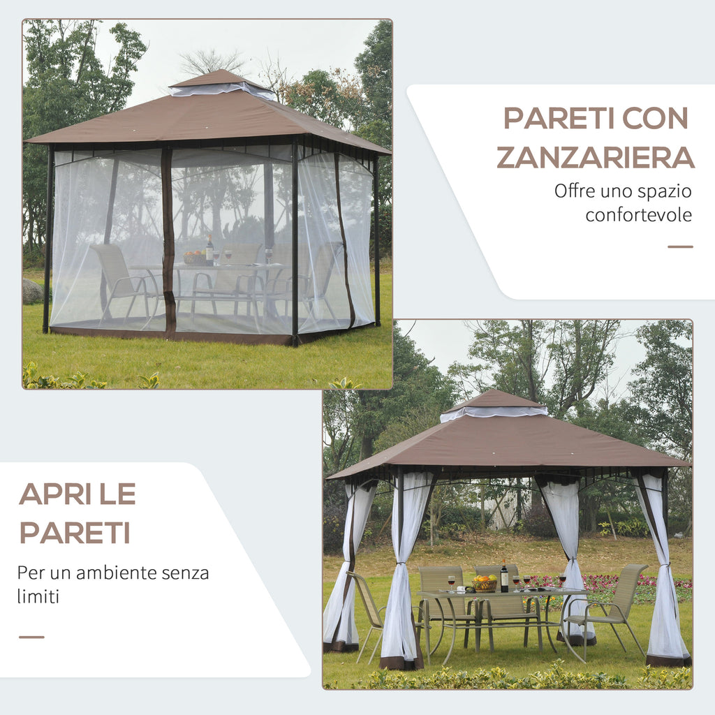 3x3m Garden Gazebo with Mosquito Net, Two-Tier Roof and Brown Metal Frame