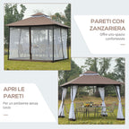 3x3m Garden Gazebo with Mosquito Net, Two-Tier Roof and Brown Metal Frame