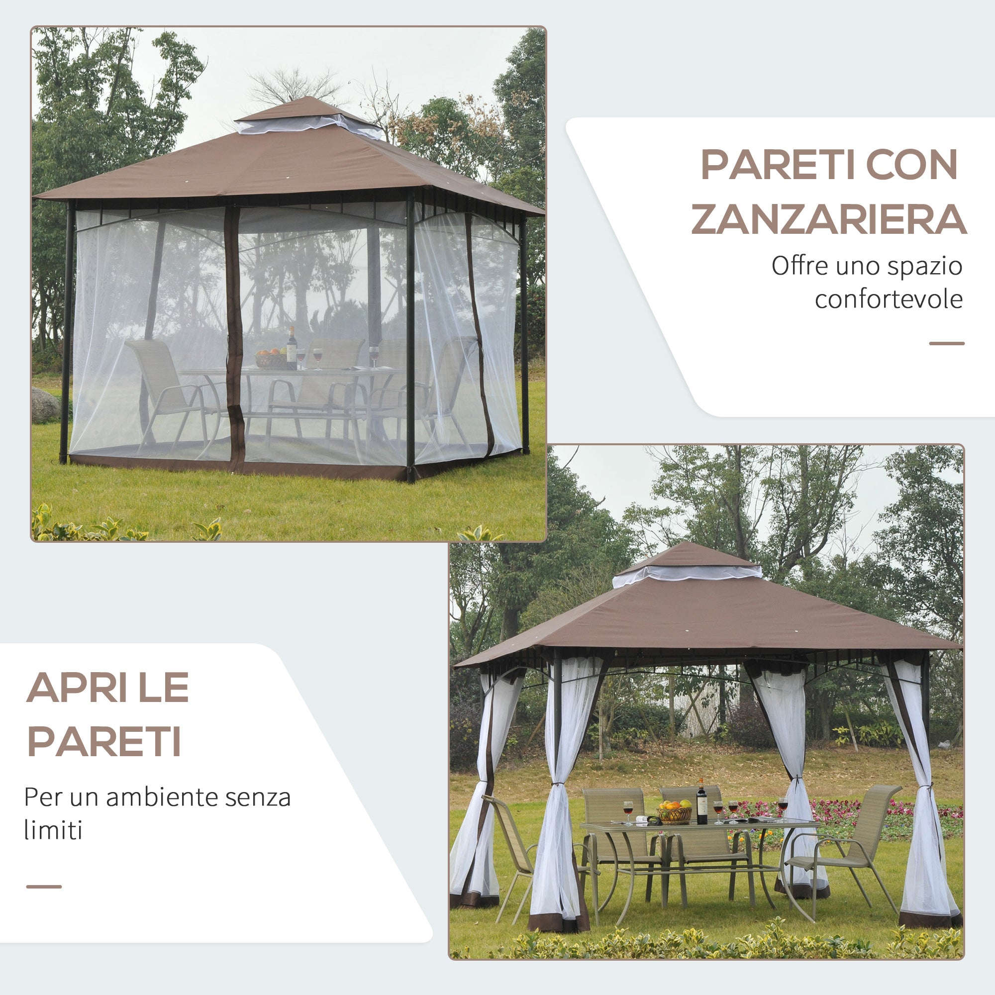 3x3m Garden Gazebo with Mosquito Net, Two-Tier Roof and Brown Metal Frame