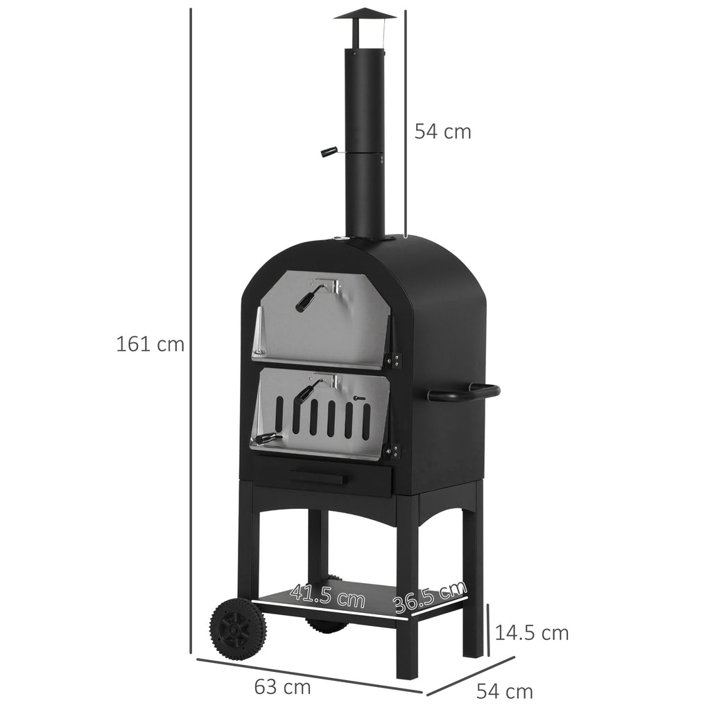 Outdoor Oven for pizza and portable charcoal barbecue in steel with fireplace and wheels, 63x54x161 cm, black - Borgè