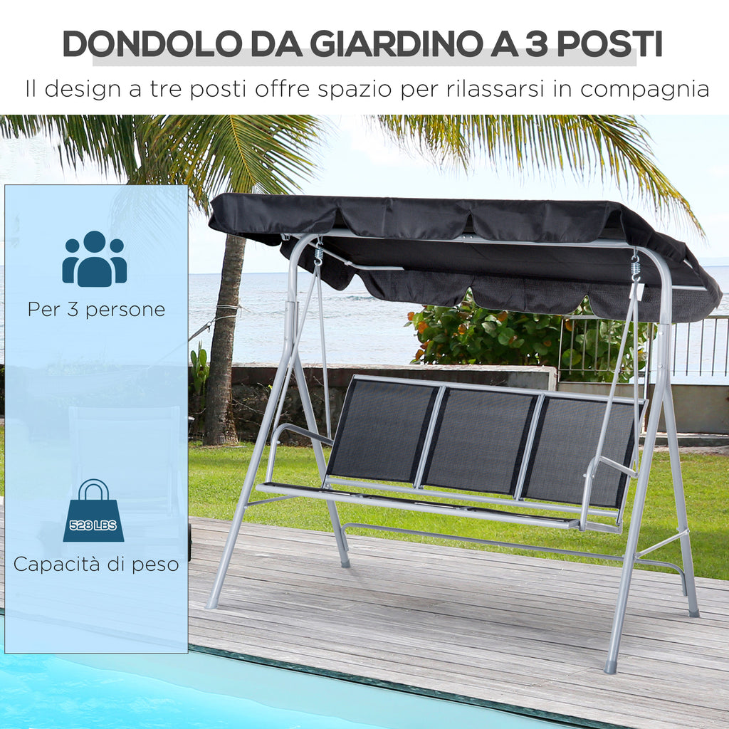 Outsunny 3-Seater Metal Garden Swing, Removable and Washable Sun Canopy, Black and Silver, 171x108x150cm