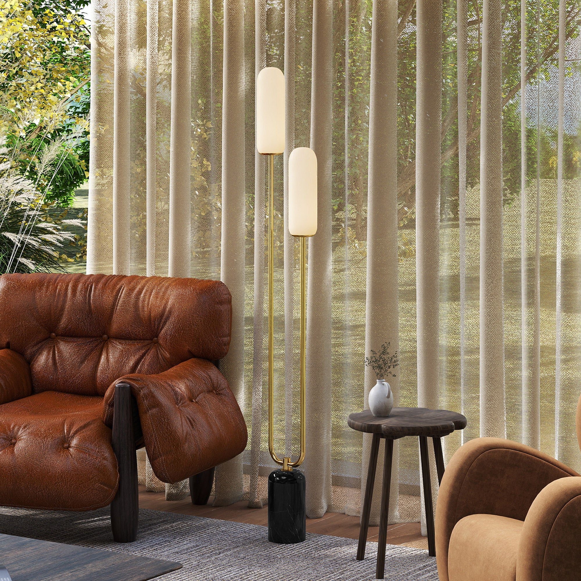 U-Shaped Floor Lamp with 2 Lights, Foot Switch and Marble Base, 26x12x150 cm, White, Black and Gold
