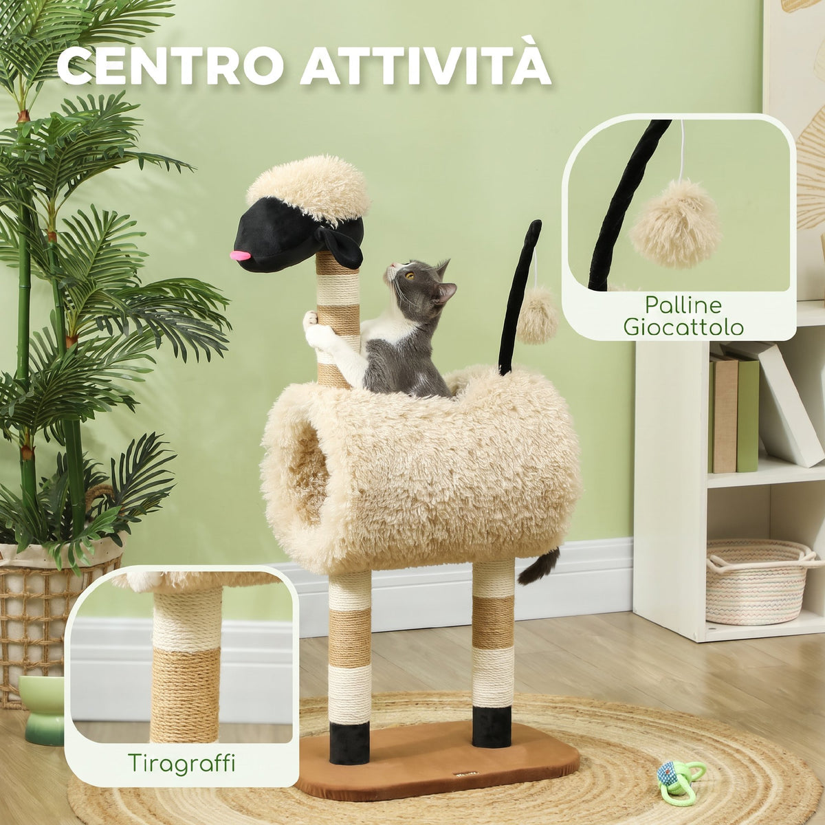 PawHut Sheep Cat Tree with Black Nose, Jute Posts, Tunnel and Ball, Light Brown