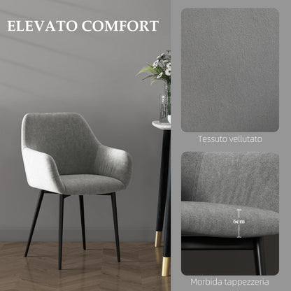 Set of 2 Nordic Dining Chairs Padded with Curved Armrests in Velvet Effect Fabric, 54x57x80 cm, Dark Grey